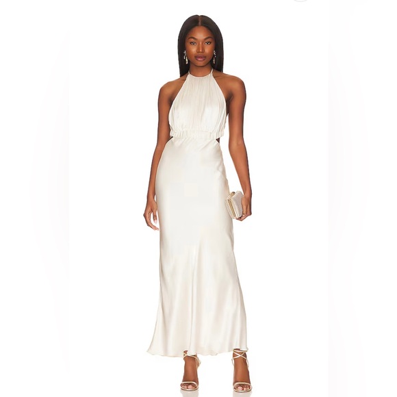 MILO RUCHED OPEN BACK HALTER MAXI DRESS IN COCONUT - Picture 3 of 5